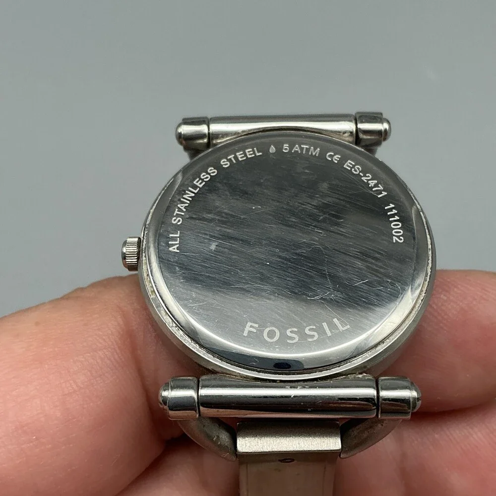 Fossil ES-2471 Womens Watch 30mm Silver Tone Blue Inlay Bangle New Battery 6.5
